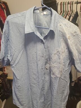 Light Blue Button-Front Blouse with White Lace Appliqué